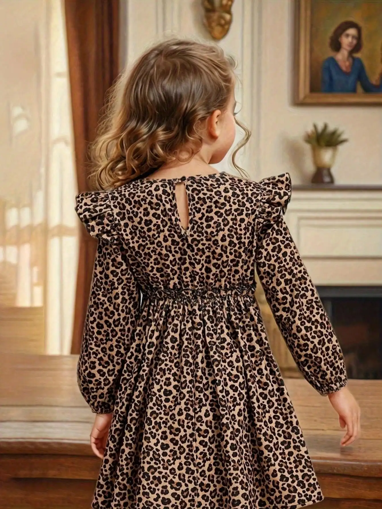Elegant Four Season Leopard Print Long-Sleeved Ruffle Edge Dress for Girls, Slim Knit Fabric with Flared Ruffle Edge Details