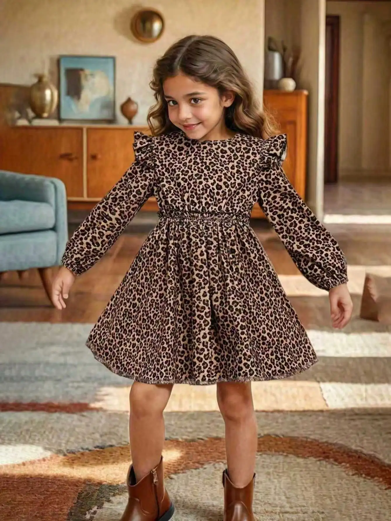 Elegant Four Season Leopard Print Long-Sleeved Ruffle Edge Dress for Girls, Slim Knit Fabric with Flared Ruffle Edge Details
