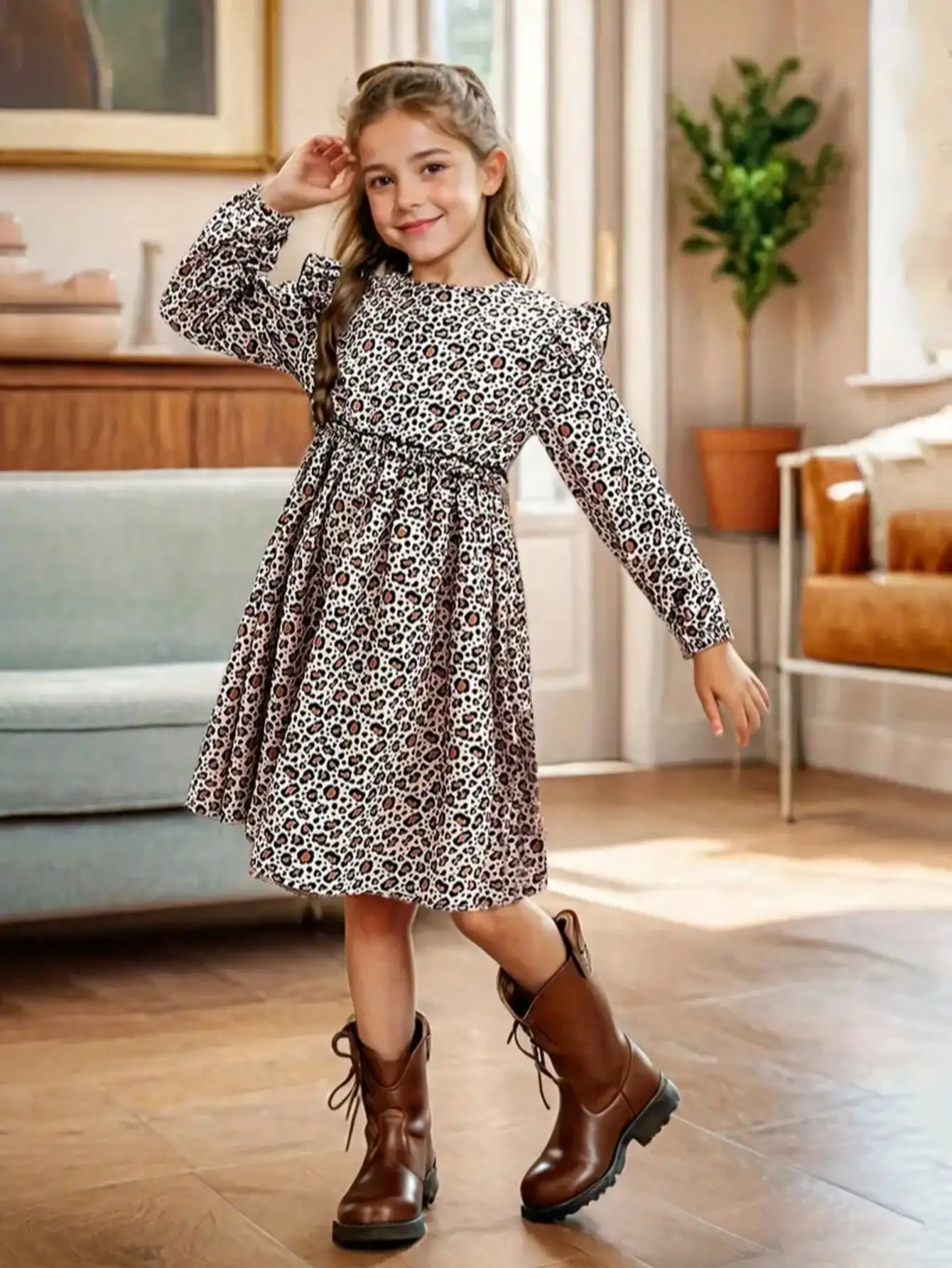 Elegant Four Season Leopard Print Long-Sleeved Ruffle Edge Dress for Girls, Slim Knit Fabric with Flared Ruffle Edge Details