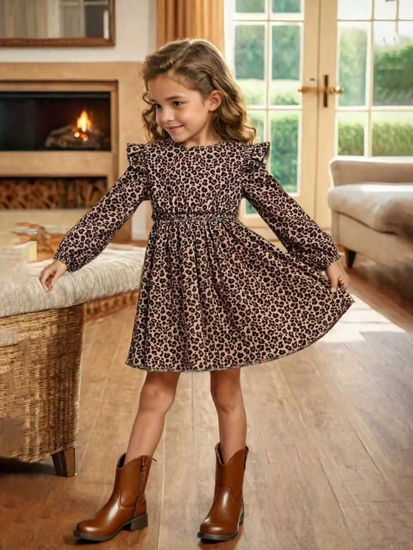 Elegant Four Season Leopard Print Long-Sleeved Ruffle Edge Dress for Girls, Slim Knit Fabric with Flared Ruffle Edge Details