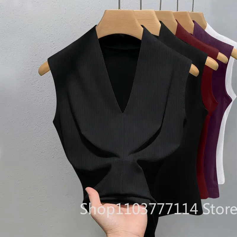 Summer Women's V-neck Sleeveless Vest Slim Fit Outerwear for Girls Solid Color Sexy Fashionable, Casual, Breathable Base T-shirt