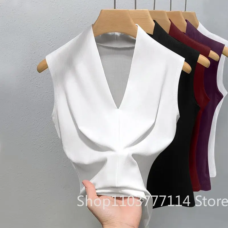 Summer Women's V-neck Sleeveless Vest Slim Fit Outerwear for Girls Solid Color Sexy Fashionable, Casual, Breathable Base T-shirt