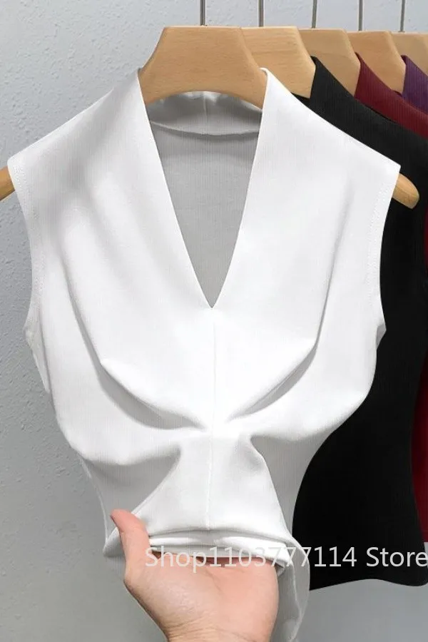 Summer Women's V-neck Sleeveless Vest Slim Fit Outerwear for Girls Solid Color Sexy Fashionable, Casual, Breathable Base T-shirt