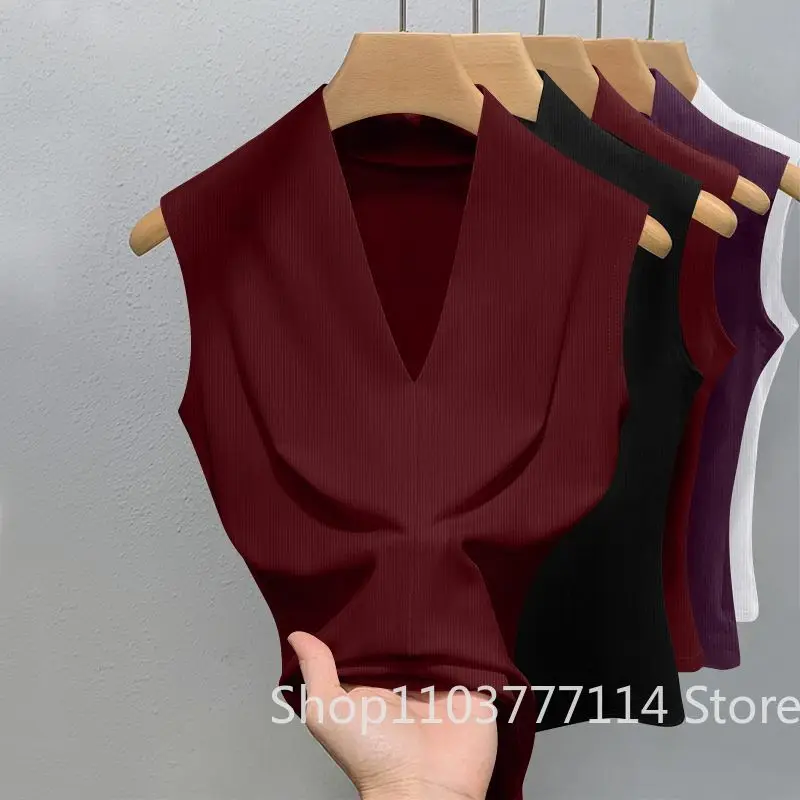 Summer Women's V-neck Sleeveless Vest Slim Fit Outerwear for Girls Solid Color Sexy Fashionable, Casual, Breathable Base T-shirt