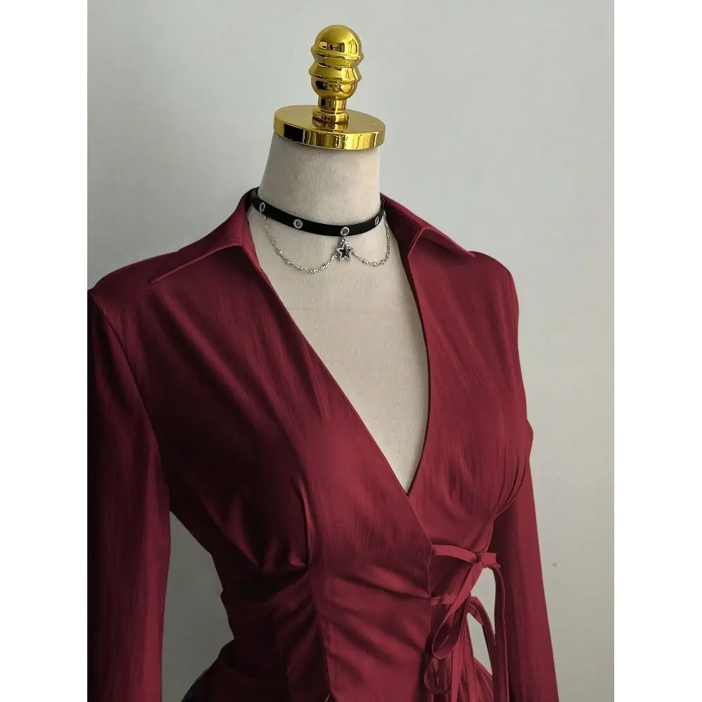 Trendy Slim Fit Women Long Sleeve Shirt Sexy Cinched Waist V-Neck Tops Casual Chic Blouses for women Gothic Street Style