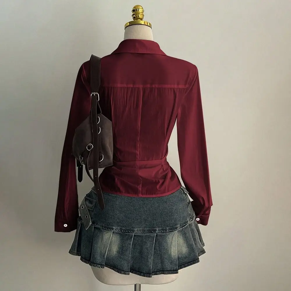 Trendy Slim Fit Women Long Sleeve Shirt Sexy Cinched Waist V-Neck Tops Casual Chic Blouses for women Gothic Street Style