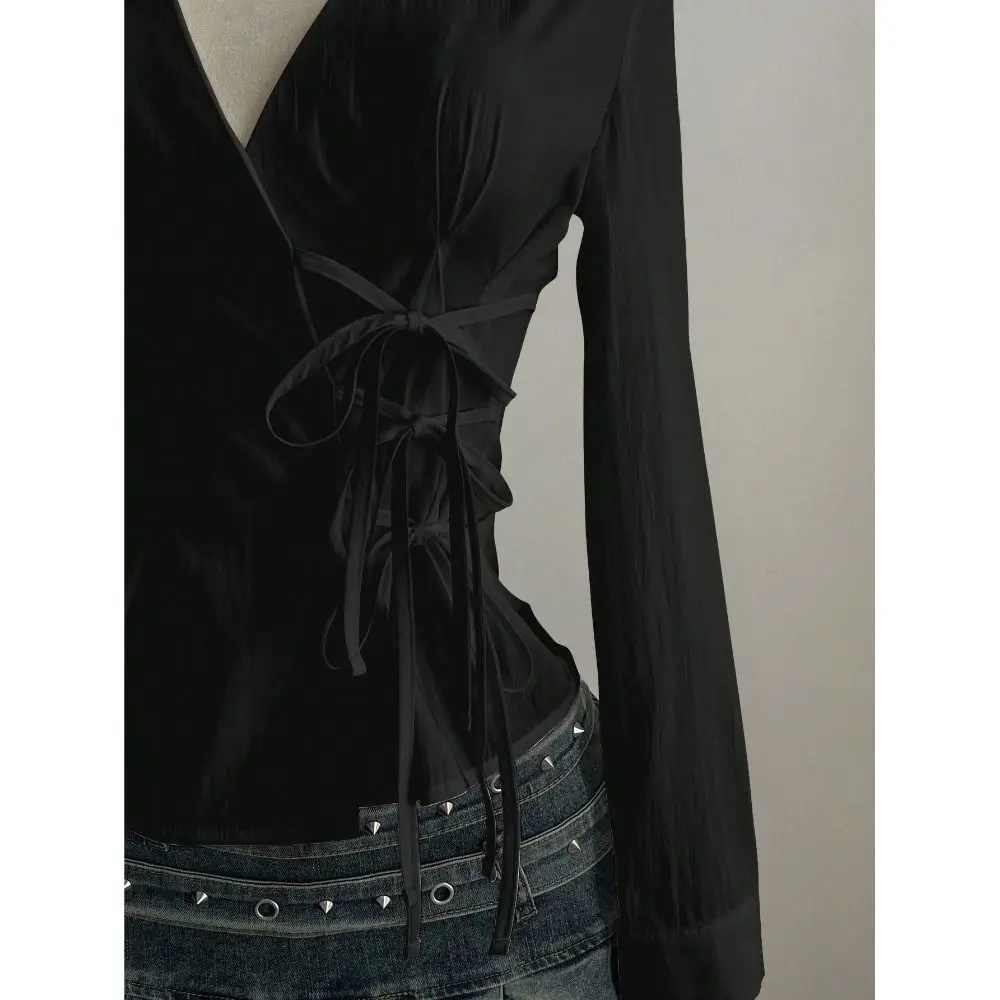 Trendy Slim Fit Women Long Sleeve Shirt Sexy Cinched Waist V-Neck Tops Casual Chic Blouses for women Gothic Street Style