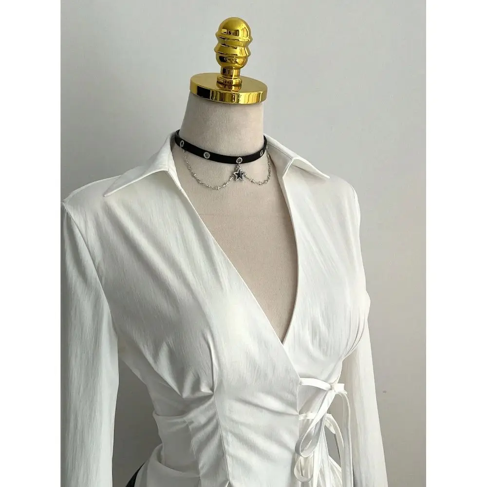 Trendy Slim Fit Women Long Sleeve Shirt Sexy Cinched Waist V-Neck Tops Casual Chic Blouses for women Gothic Street Style