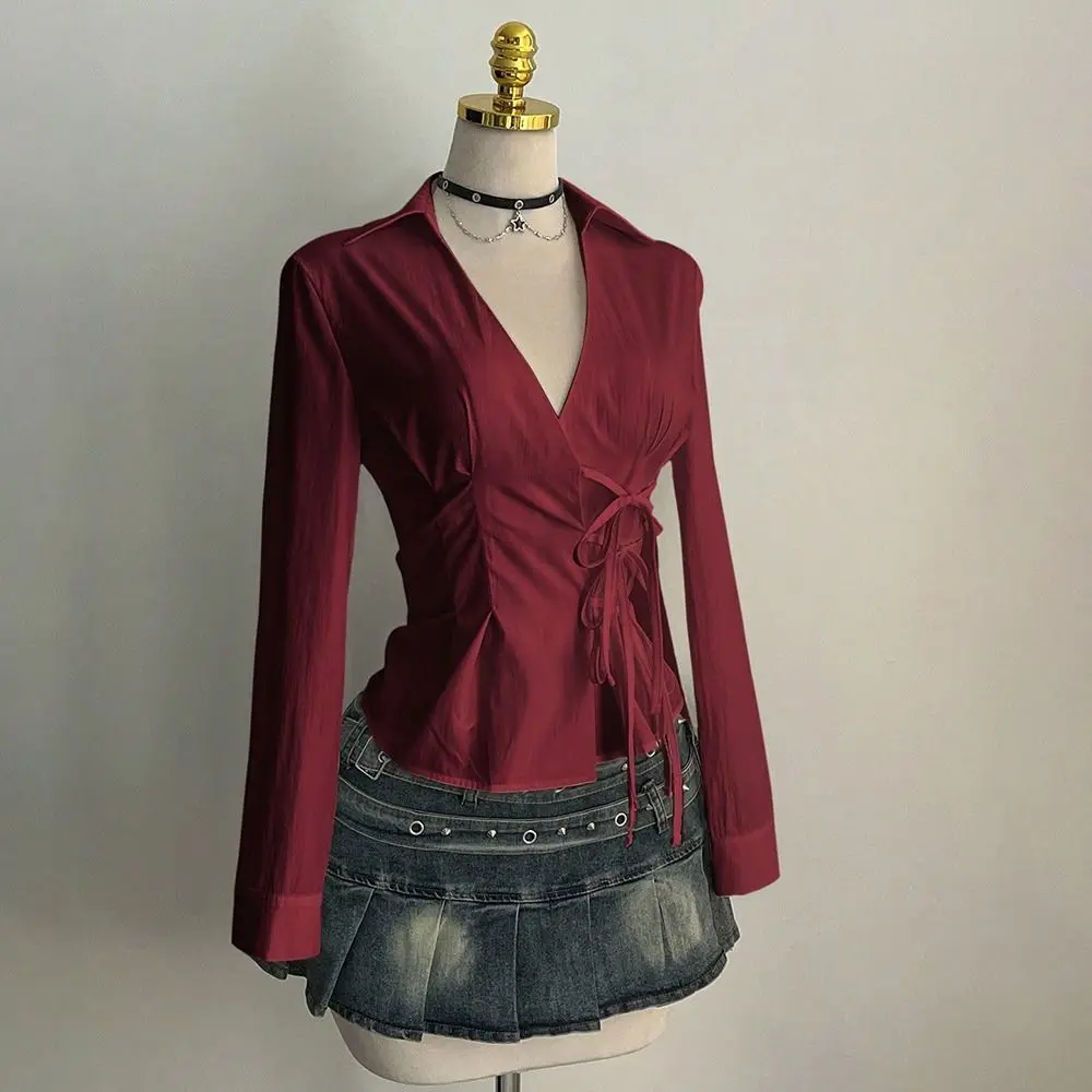 Trendy Slim Fit Women Long Sleeve Shirt Sexy Cinched Waist V-Neck Tops Casual Chic Blouses for women Gothic Street Style