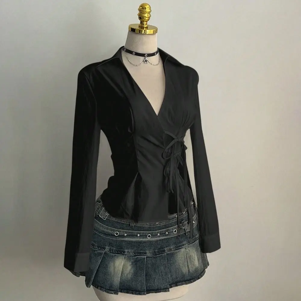 Trendy Slim Fit Women Long Sleeve Shirt Sexy Cinched Waist V-Neck Tops Casual Chic Blouses for women Gothic Street Style