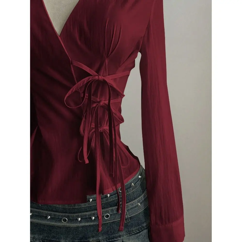 Trendy Slim Fit Women Long Sleeve Shirt Sexy Cinched Waist V-Neck Tops Casual Chic Blouses for women Gothic Street Style