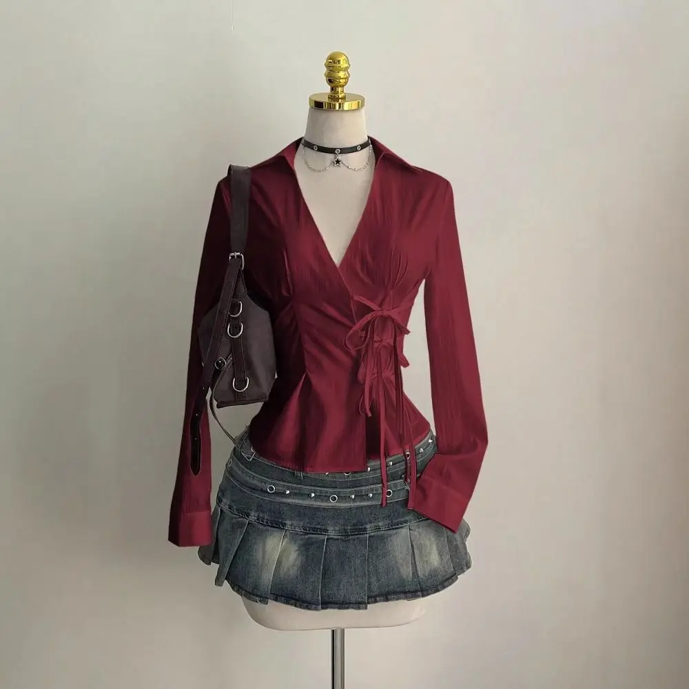 Trendy Slim Fit Women Long Sleeve Shirt Sexy Cinched Waist V-Neck Tops Casual Chic Blouses for women Gothic Street Style