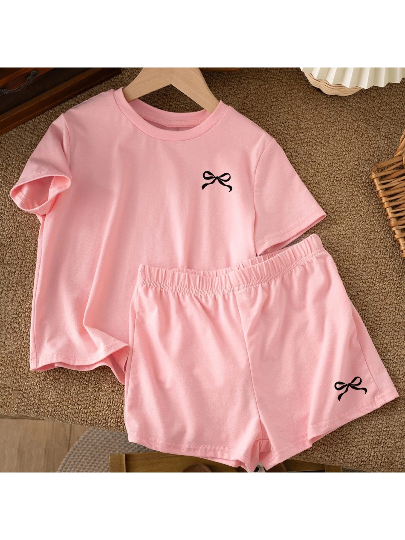 2026 Casual Children's Clothing Solid Color Printed Round Neck Short Sleeved Top + Solid Color Printed Wide Leg Shorts Pants Set