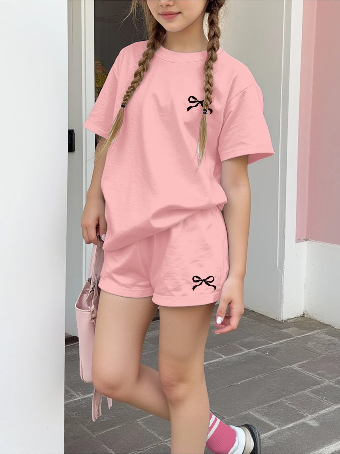 2026 Casual Children's Clothing Solid Color Printed Round Neck Short Sleeved Top + Solid Color Printed Wide Leg Shorts Pants Set