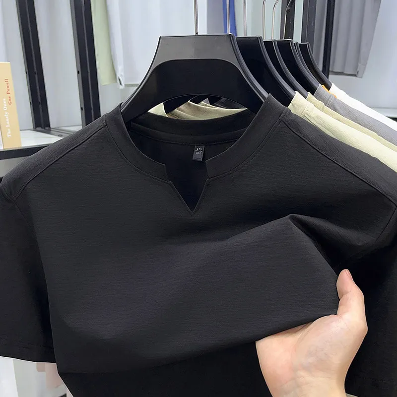 Men's Orange V-notch Stand Collar Short Sleeve T-shirt Casual Business Slim Fit Top for Office Commute