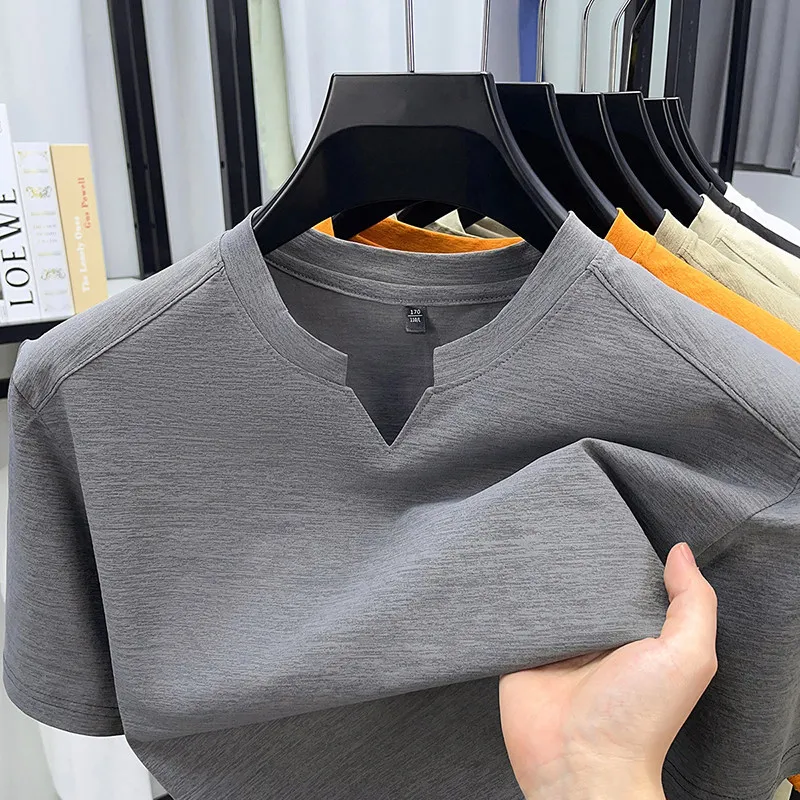 Men's Orange V-notch Stand Collar Short Sleeve T-shirt Casual Business Slim Fit Top for Office Commute