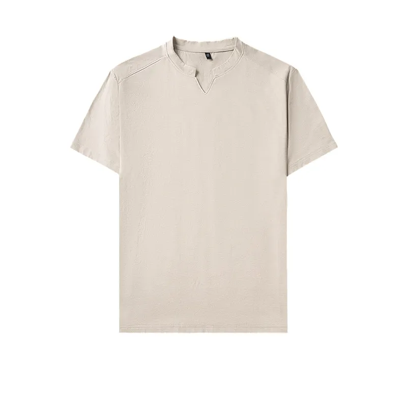 Men's Orange V-notch Stand Collar Short Sleeve T-shirt Casual Business Slim Fit Top for Office Commute