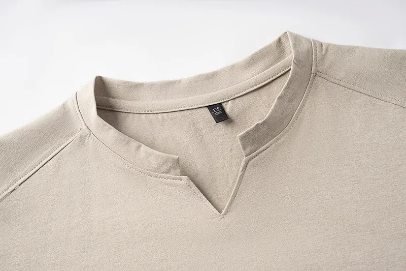 Men's Orange V-notch Stand Collar Short Sleeve T-shirt Casual Business Slim Fit Top for Office Commute