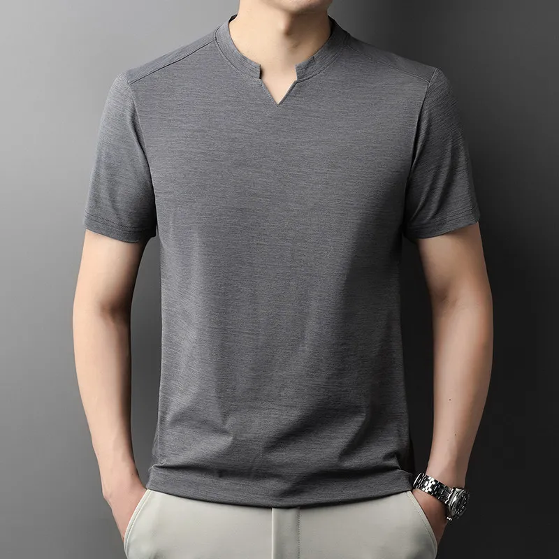 Men's Orange V-notch Stand Collar Short Sleeve T-shirt Casual Business Slim Fit Top for Office Commute