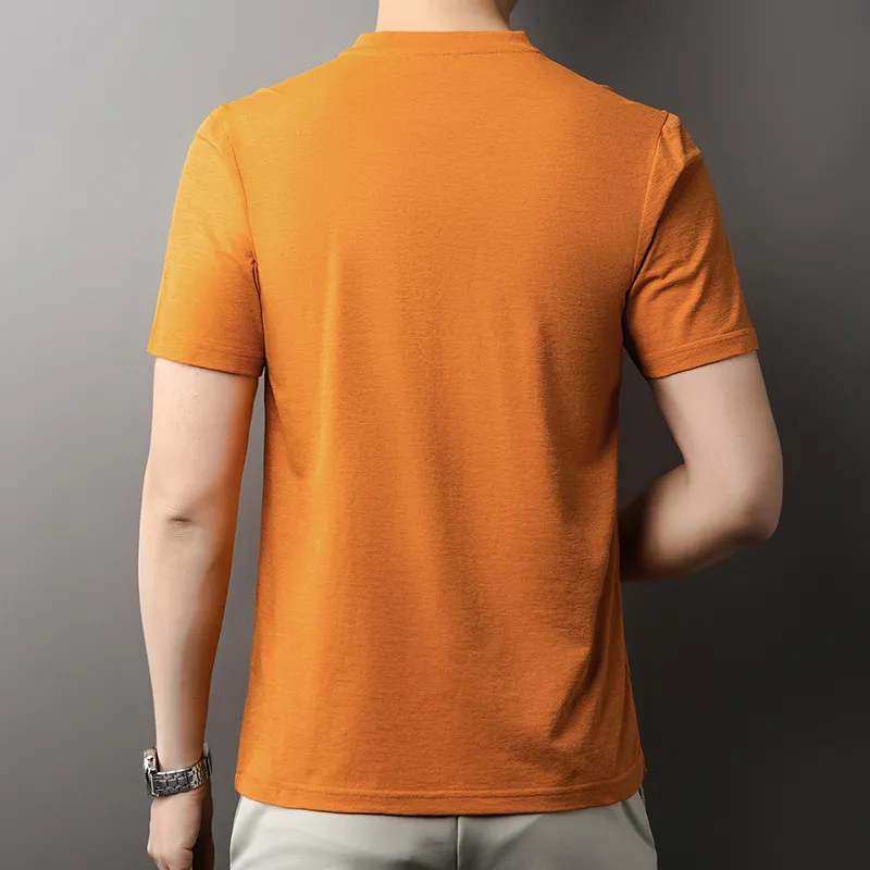 Men's Orange V-notch Stand Collar Short Sleeve T-shirt Casual Business Slim Fit Top for Office Commute