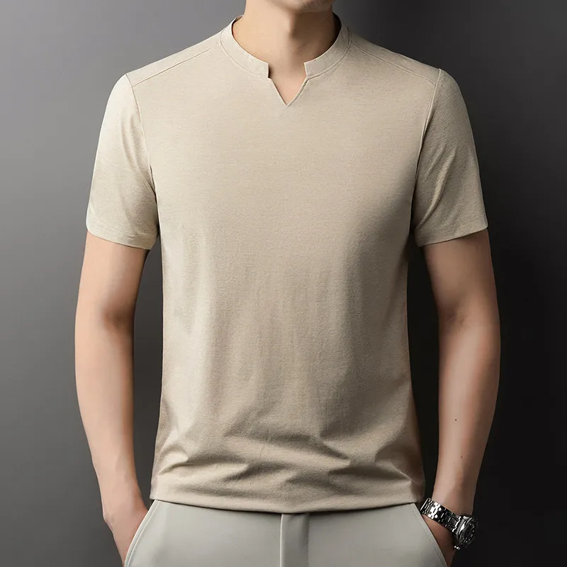 Men's Orange V-notch Stand Collar Short Sleeve T-shirt Casual Business Slim Fit Top for Office Commute