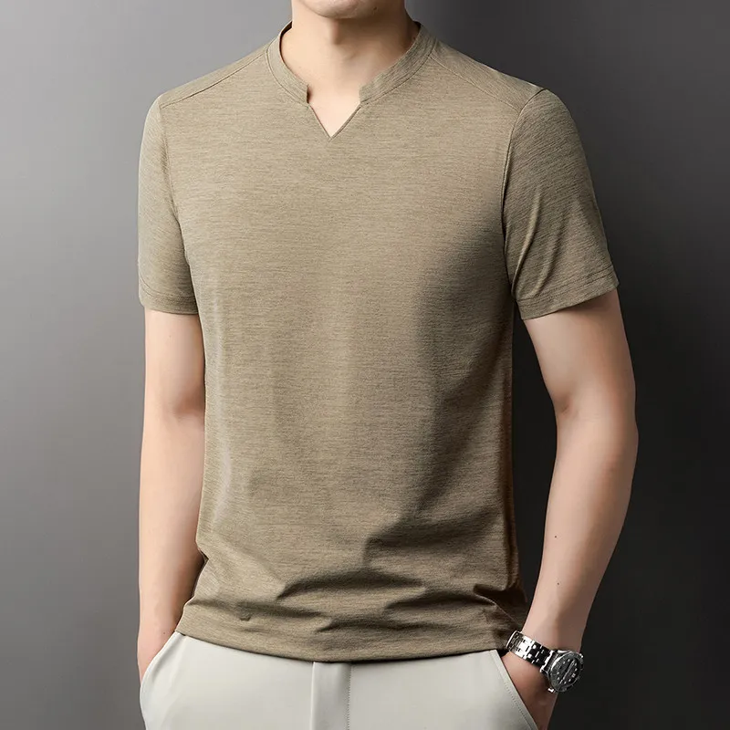 Men's Orange V-notch Stand Collar Short Sleeve T-shirt Casual Business Slim Fit Top for Office Commute