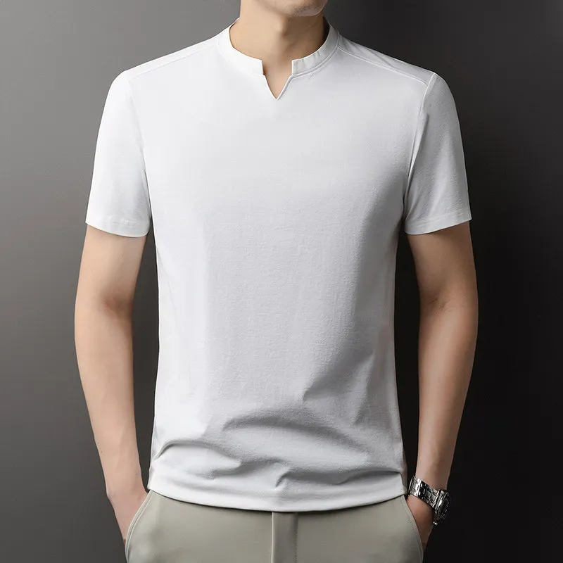 Men's Orange V-notch Stand Collar Short Sleeve T-shirt Casual Business Slim Fit Top for Office Commute