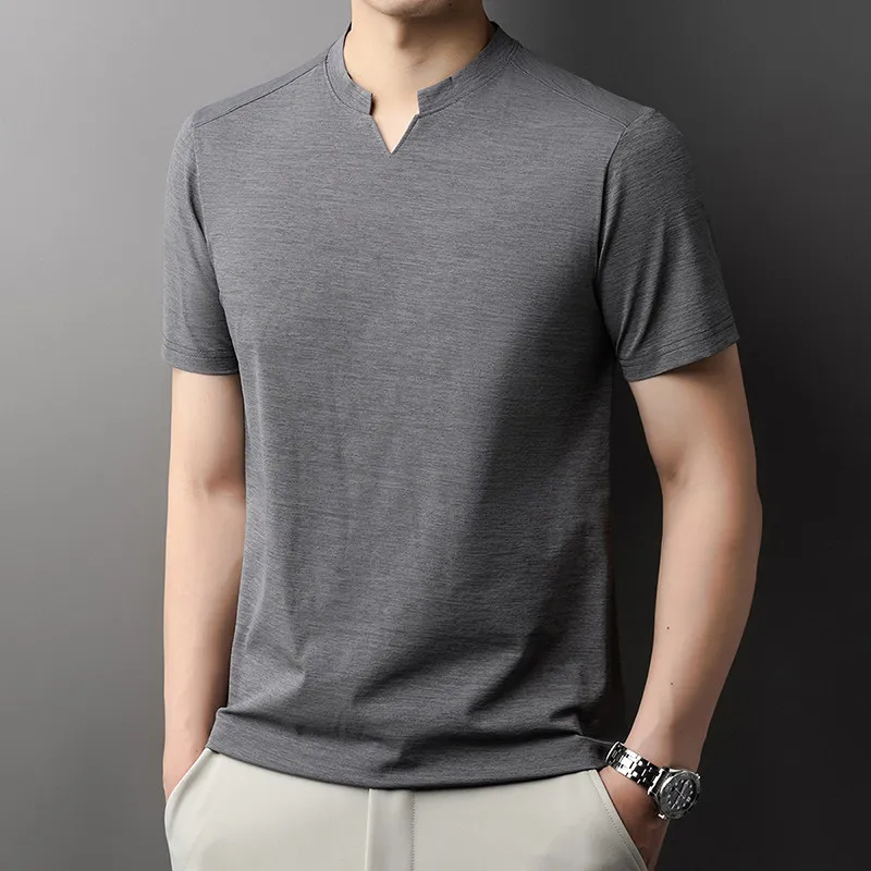 Men's Orange V-notch Stand Collar Short Sleeve T-shirt Casual Business Slim Fit Top for Office Commute