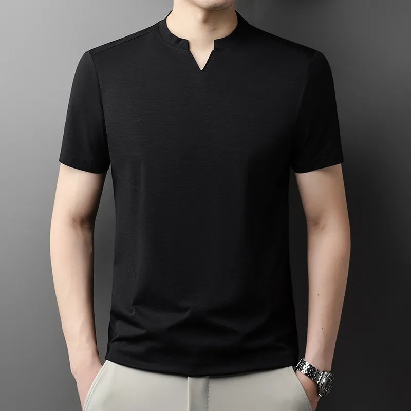 Men's Orange V-notch Stand Collar Short Sleeve T-shirt Casual Business Slim Fit Top for Office Commute