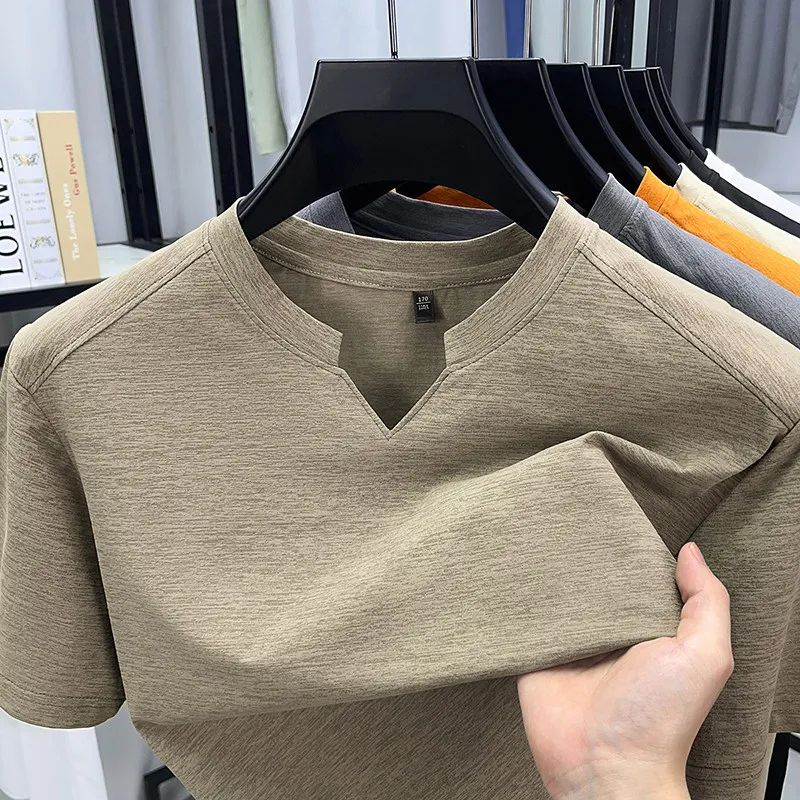 Men's Orange V-notch Stand Collar Short Sleeve T-shirt Casual Business Slim Fit Top for Office Commute
