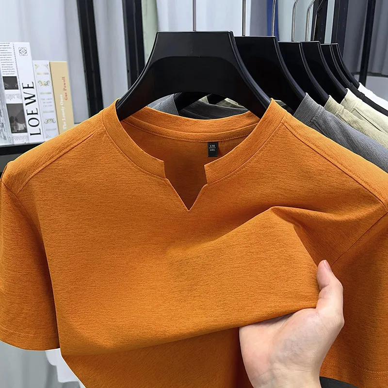 Men's Orange V-notch Stand Collar Short Sleeve T-shirt Casual Business Slim Fit Top for Office Commute