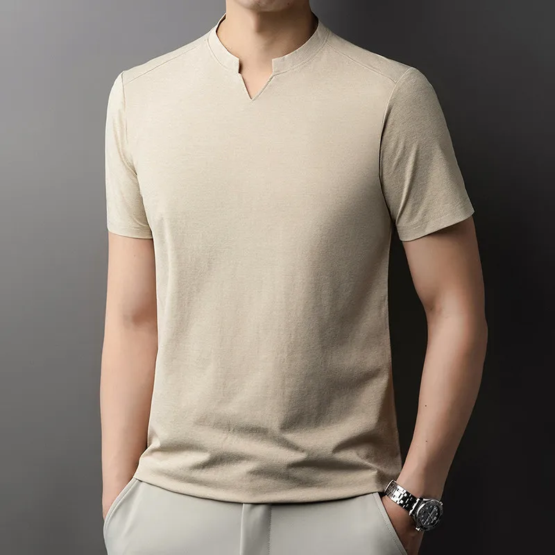 Men's Orange V-notch Stand Collar Short Sleeve T-shirt Casual Business Slim Fit Top for Office Commute
