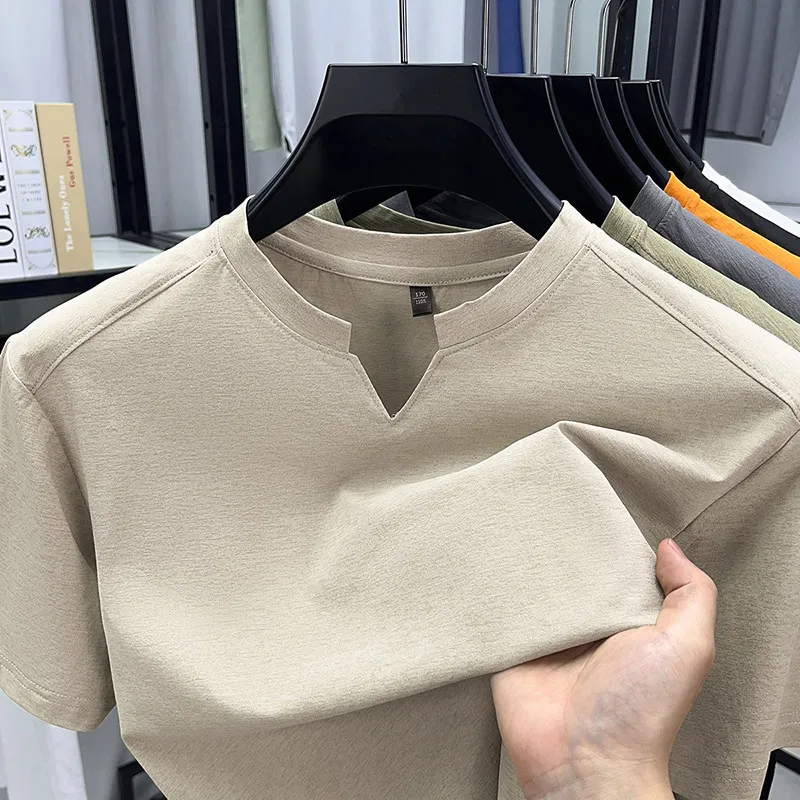 Men's Orange V-notch Stand Collar Short Sleeve T-shirt Casual Business Slim Fit Top for Office Commute