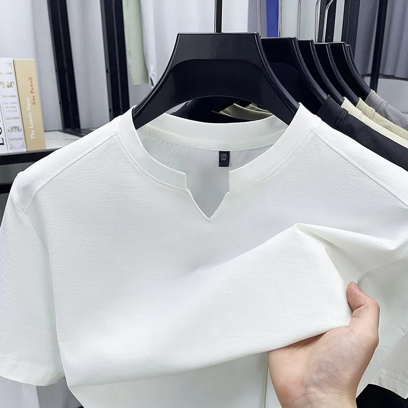 Men's Orange V-notch Stand Collar Short Sleeve T-shirt Casual Business Slim Fit Top for Office Commute