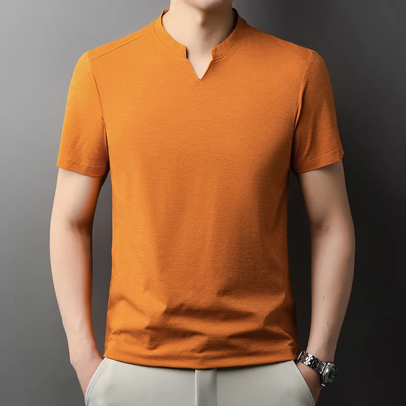 Men's Orange V-notch Stand Collar Short Sleeve T-shirt Casual Business Slim Fit Top for Office Commute