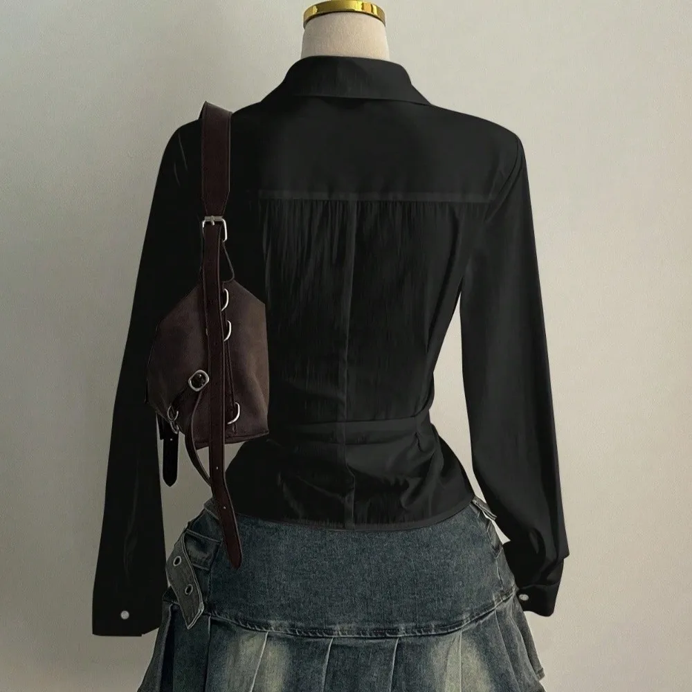 Sweet Long-sleeved Slim Fit Shirt V-neck Y2K Office Aesthetic Blouse Harajuku Waist Up Cardigan Top Lady