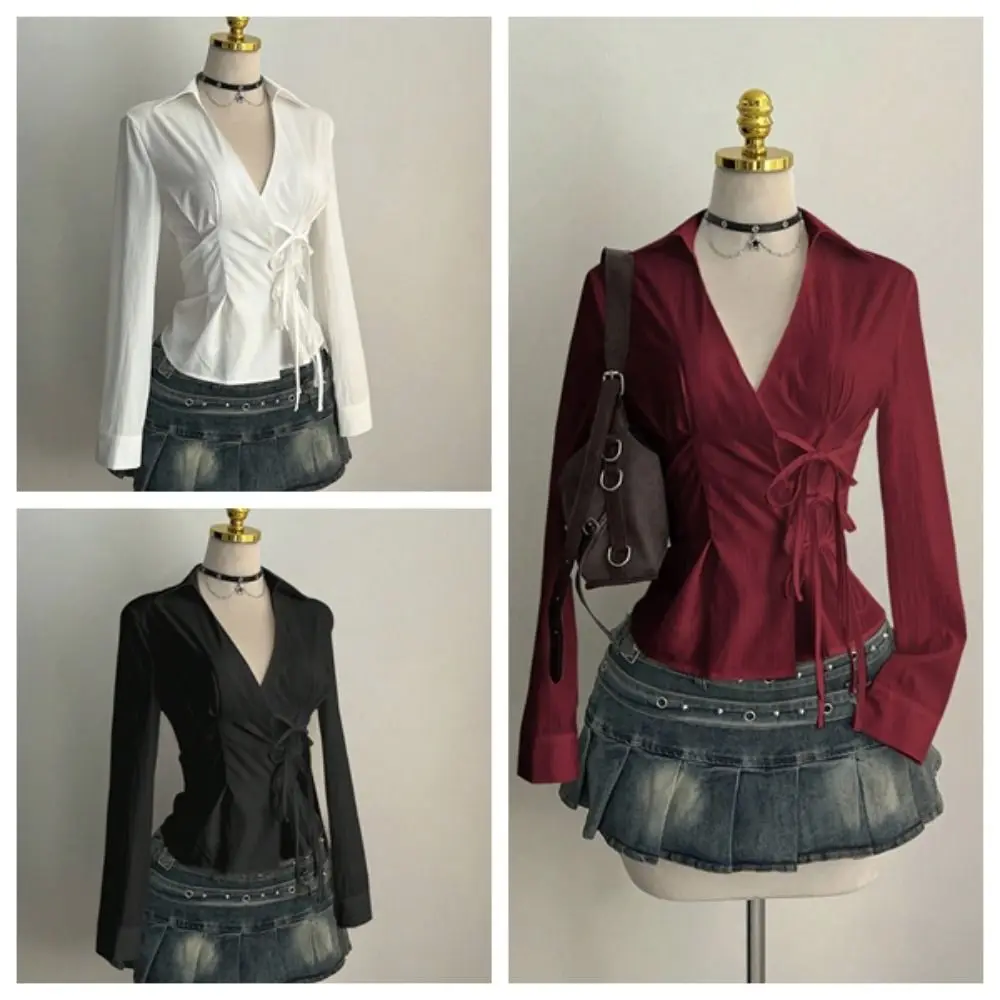 Sweet Long-sleeved Slim Fit Shirt V-neck Y2K Office Aesthetic Blouse Harajuku Waist Up Cardigan Top Lady