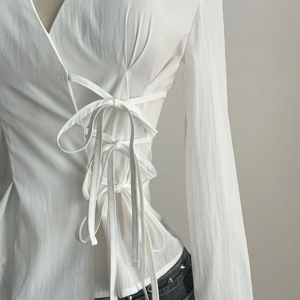 Sweet Long-sleeved Slim Fit Shirt V-neck Y2K Office Aesthetic Blouse Harajuku Waist Up Cardigan Top Lady
