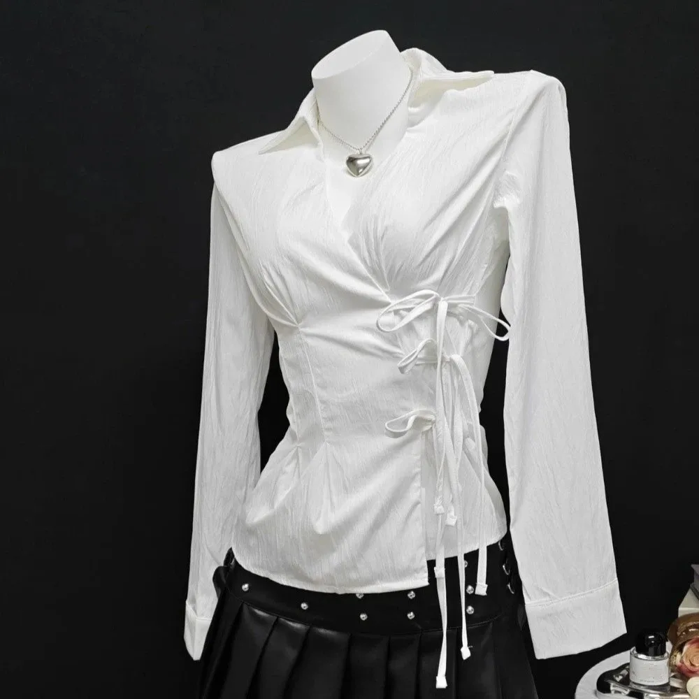 Sweet Long-sleeved Slim Fit Shirt V-neck Y2K Office Aesthetic Blouse Harajuku Waist Up Cardigan Top Lady