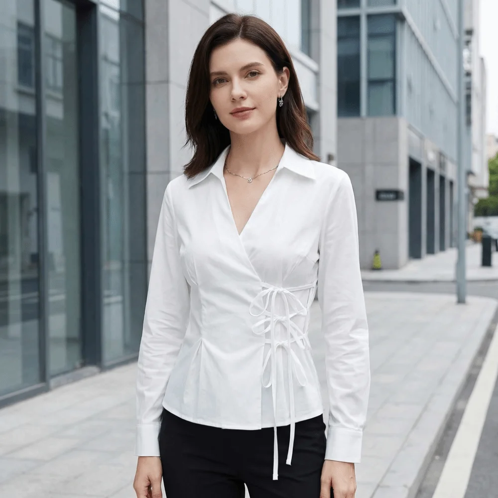 Sweet Long-sleeved Slim Fit Shirt V-neck Y2K Office Aesthetic Blouse Harajuku Waist Up Cardigan Top Lady