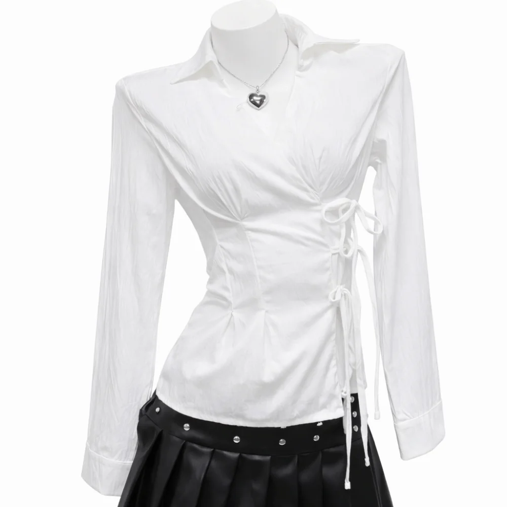 Sweet Long-sleeved Slim Fit Shirt V-neck Y2K Office Aesthetic Blouse Harajuku Waist Up Cardigan Top Lady