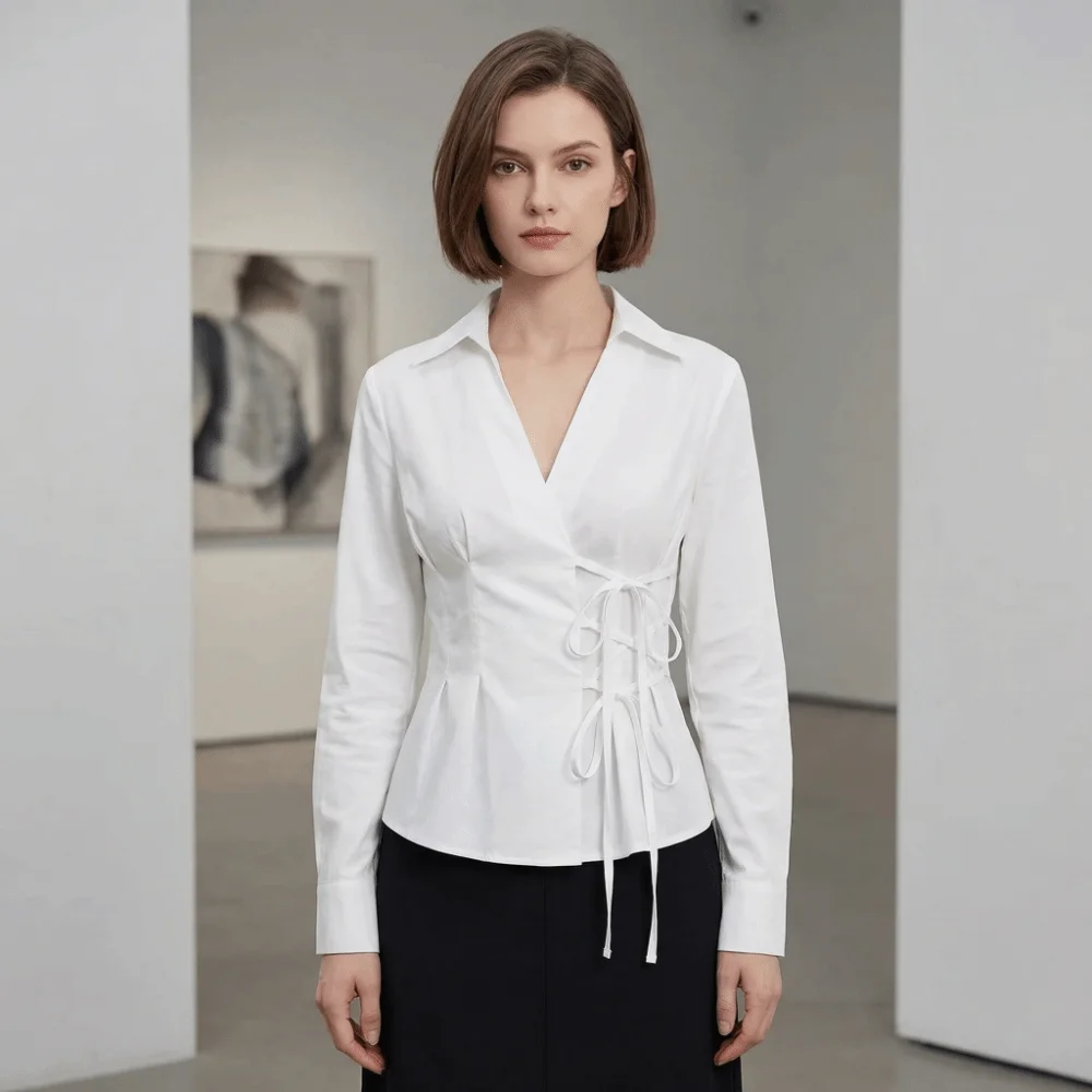 Sweet Long-sleeved Slim Fit Shirt V-neck Y2K Office Aesthetic Blouse Harajuku Waist Up Cardigan Top Lady