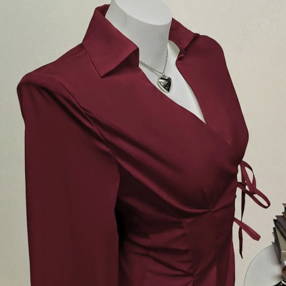 Sweet Long-sleeved Slim Fit Shirt V-neck Y2K Office Aesthetic Blouse Harajuku Waist Up Cardigan Top Lady