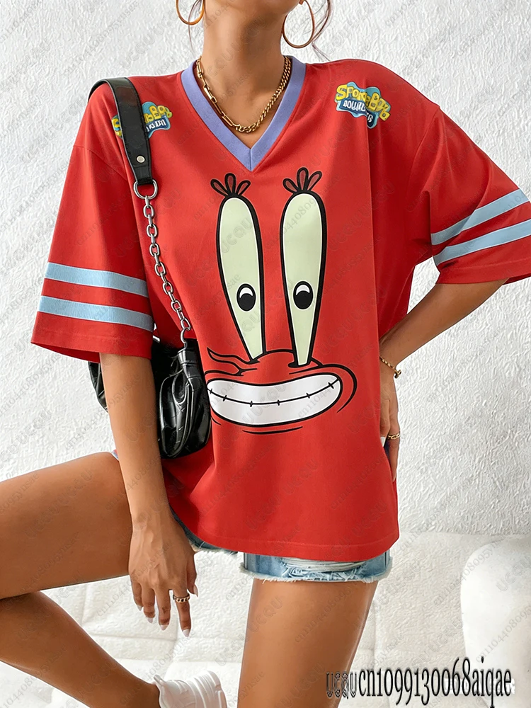 Cartoon SpongeBob Print T-shirts For Women Summer V-Neck Patchwork Short Sleeve Sports Football Jersey Y2K Loose Oversized Tops