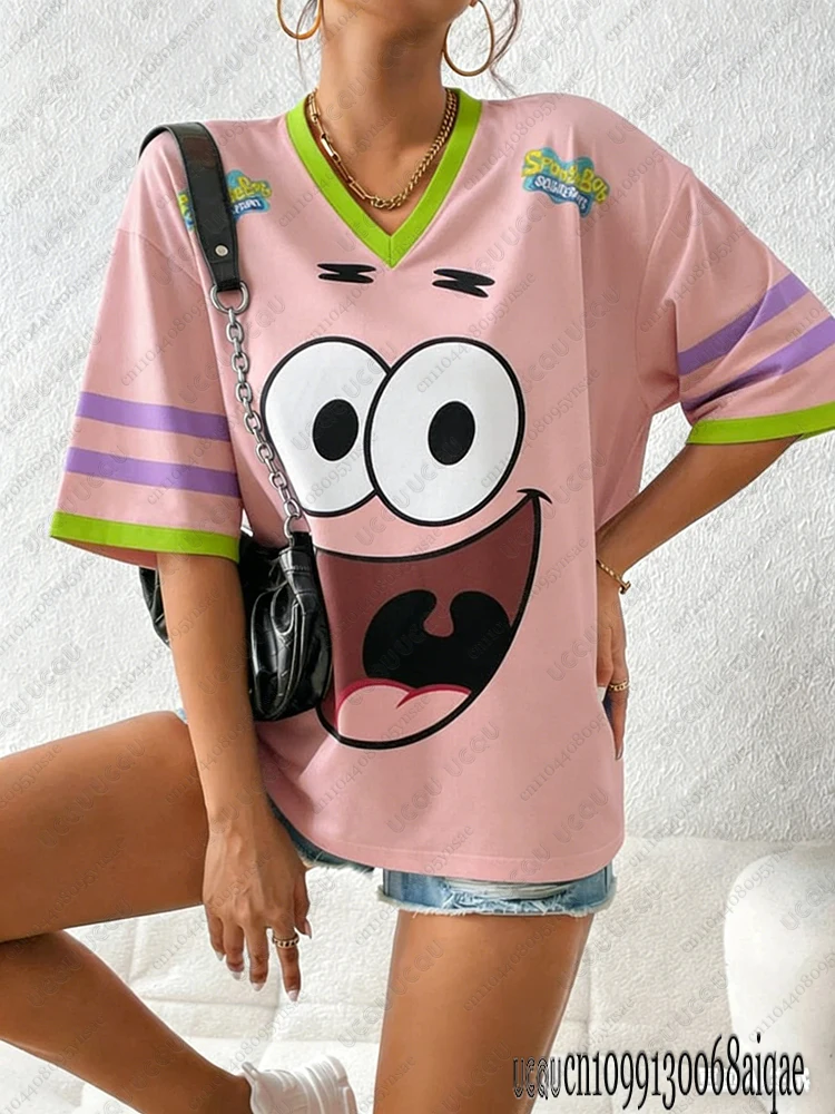 Cartoon SpongeBob Print T-shirts For Women Summer V-Neck Patchwork Short Sleeve Sports Football Jersey Y2K Loose Oversized Tops