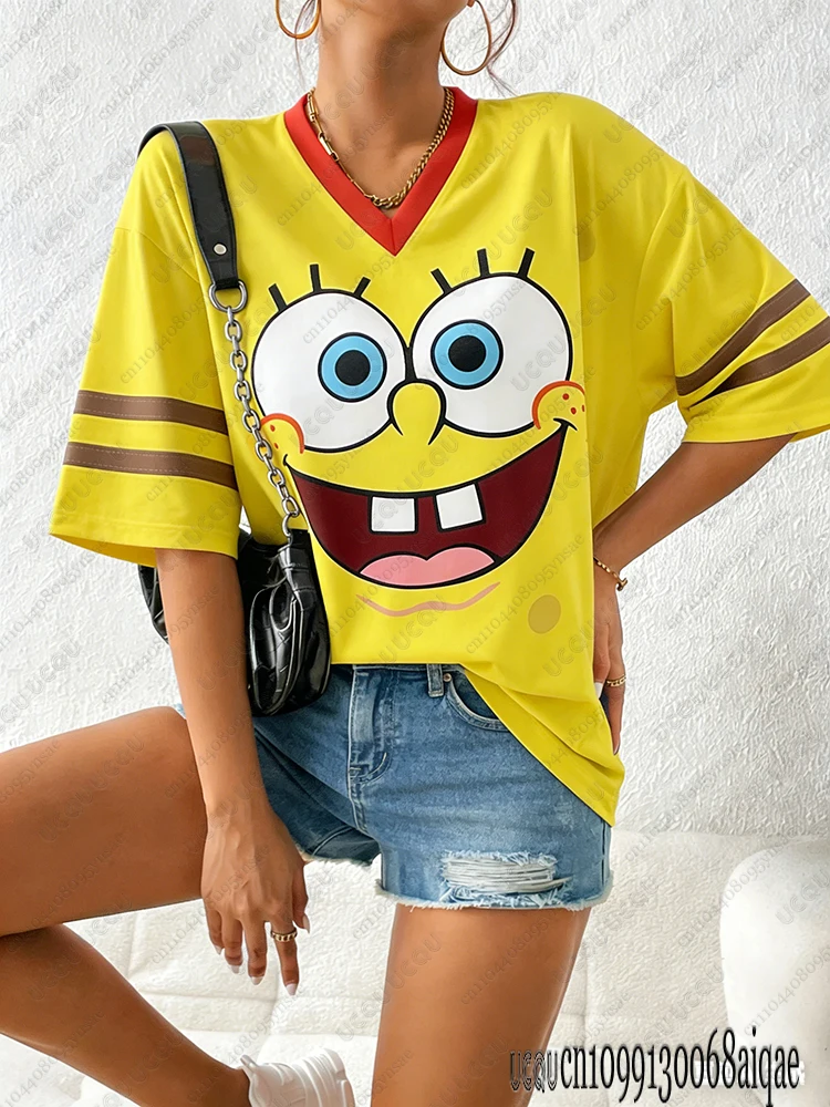 Cartoon SpongeBob Print T-shirts For Women Summer V-Neck Patchwork Short Sleeve Sports Football Jersey Y2K Loose Oversized Tops