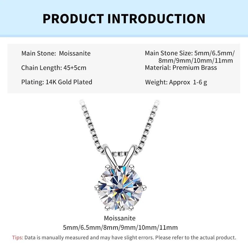 Rrjzz Certified 0.5-5CT D Color Round Moissanite Diamond Pendant Necklace Solitaire Lab Diamond GRA Necklaces for Women Jewelry