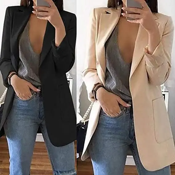 2026 Nieuwe Stijl Fashion Hot Met Pocket Vintage Vrouwen Ol Lange Mouwen Slim Fit Casual Blazer Jas Lange Uitloper