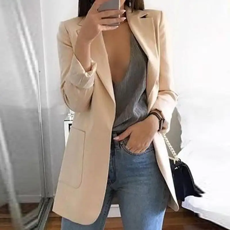 2026 Nieuwe Stijl Fashion Hot Met Pocket Vintage Vrouwen Ol Lange Mouwen Slim Fit Casual Blazer Jas Lange Uitloper