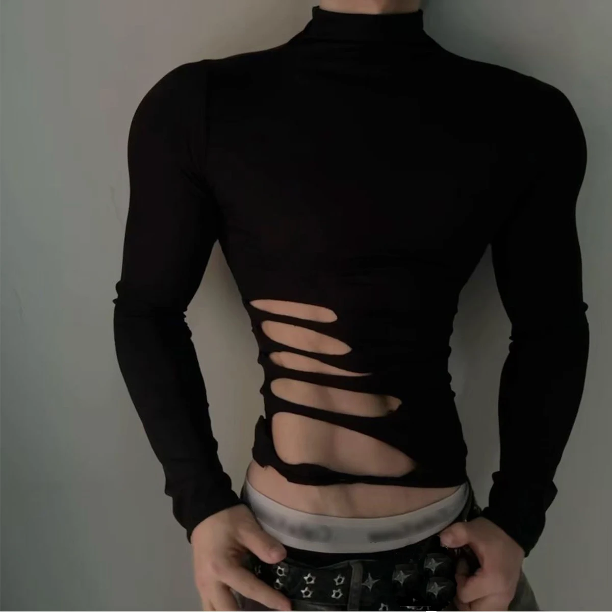 Men Summer T Shirt Long Sleeve Tee Tops Half Collar Clothing Sexy Muscle Skinny Tshirt Side Cut Hollow Out Ripped Slim Autumn